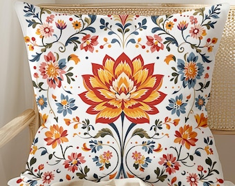 Mexican Folk Art Pillow, Colorful Boho Throw Pillow, Floral Mandala Cushion, Ethnic Decorative Pillow for Sofa or Bed, Boho Meditation Decor