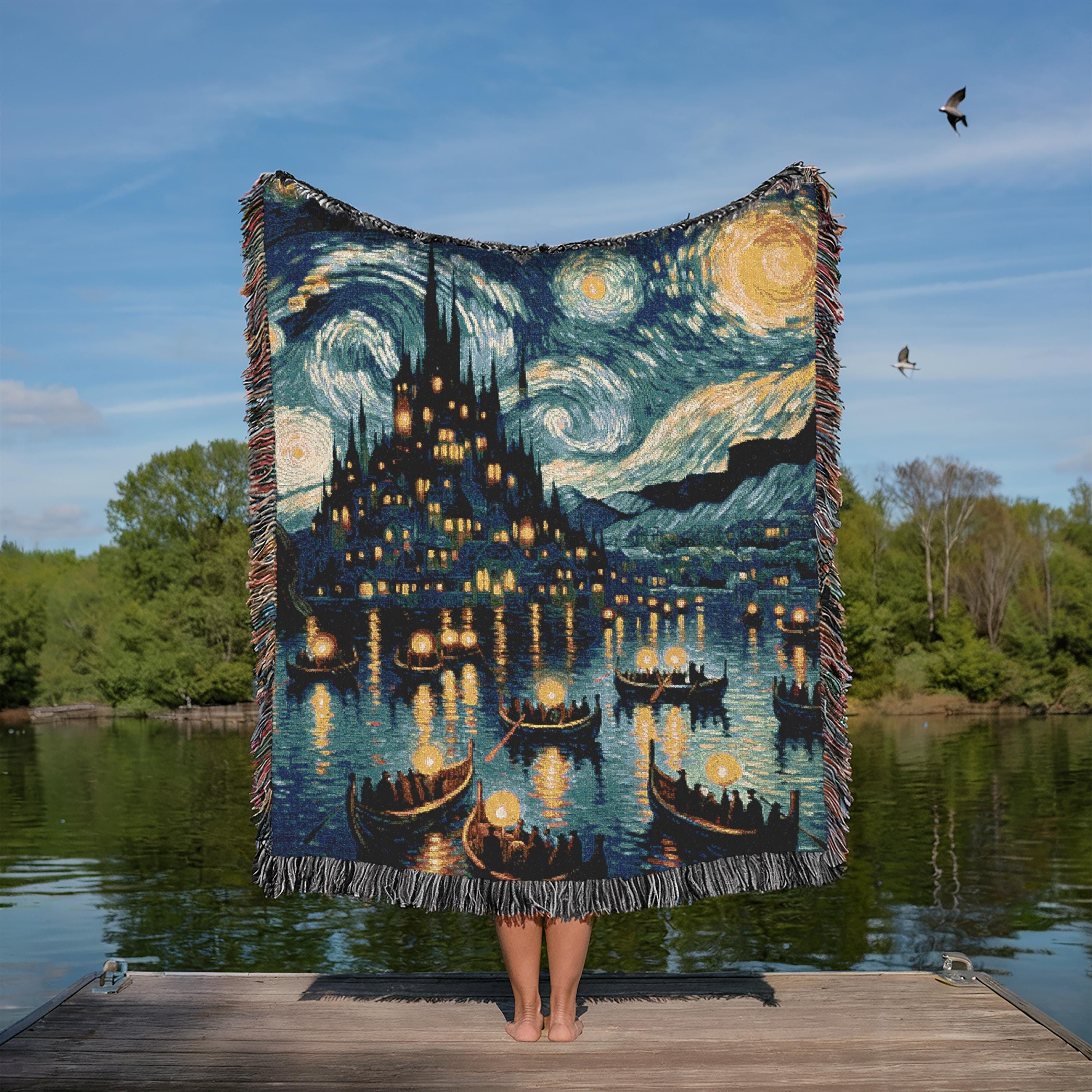 Whimsical Magic Castle Throw Blanket, Wizard Fantasy Tapestry, Cozy Witchy Decor, Dark Academia Aesthetics, Artistic Gift for Book Lovers