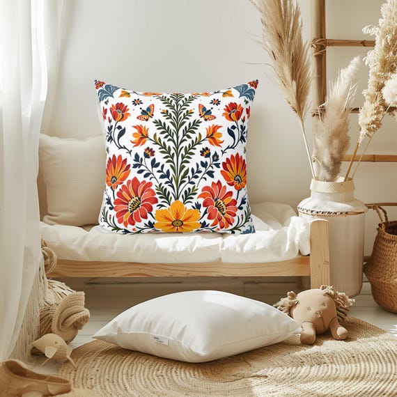 Mexican Floral Pillow Cover: Boho Folk Art Cushion