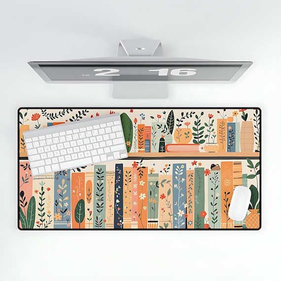 Boho Floral Bookshelf Desk Mat, Aesthetic Academia Large Mouse Pad, Cute Office Desk Decor, Book Lover Gifts, Trendy Home Office Accessories