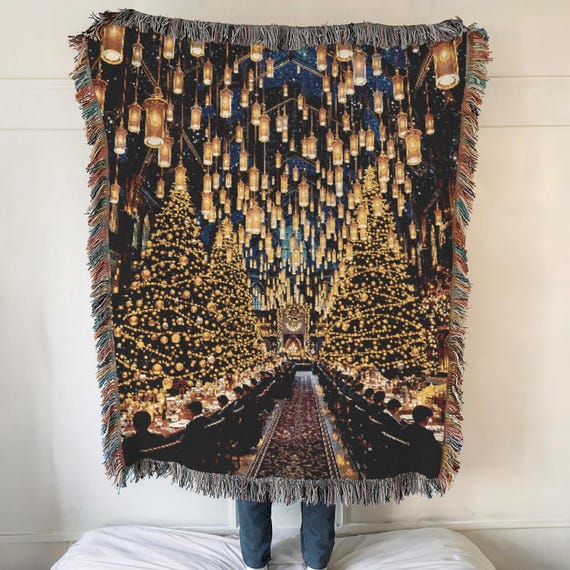 Whimsical Christmas Tapestry Blanket: Enchanted Castle Cotton Throw
