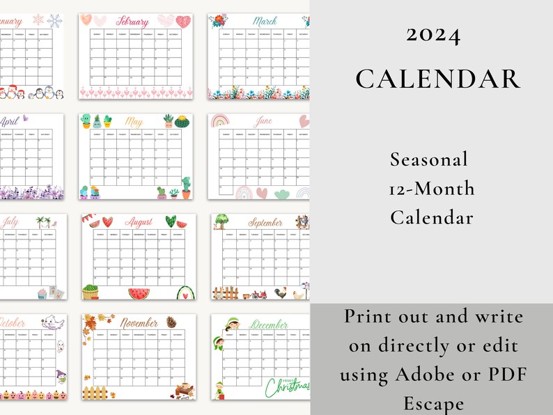 Printable 2024 Calendar Monthly Seasonal Theme 2024 Etsy