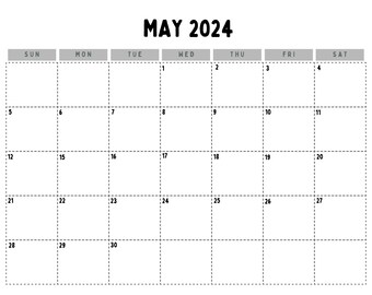 Calendario di base in bianco e nero di maggio 2024 stampabile