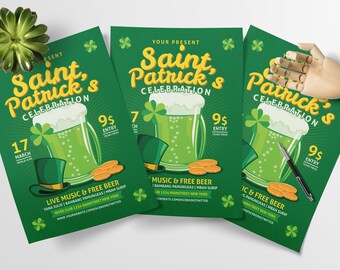 May include: Green flyer with a cartoon illustration of a mug of beer, a leprechaun hat, and gold coins. The text reads "Your Present Saint Patrick's Celebration" with an entry price of $9. The flyer also includes information about live music and free beer.