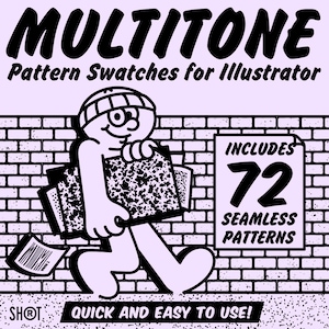 Può includere: Illustrazione in bianco e nero di un personaggio dei cartoni animati che trasporta una pila di campioni di motivi. Il testo "MULTITONE Pattern Swatches for Illustrator" è nella parte superiore dell'immagine. Il testo "INCLUDES 72 SEAMLESS PATTERNS" è in una casella sul lato destro dell'immagine. Il testo "SHOT QUICK AND EASY TO USE!" è nella parte inferiore dell'immagine.