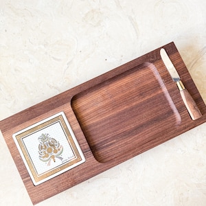 MCM teak footed charcuterie board with tile by Georges Briard