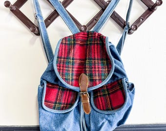 Denim backpack with plaid accents