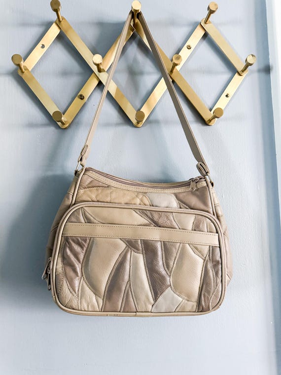 80s leather patchwork shoulder bag - toffee and c… - image 2