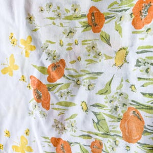 Vintage flat sheet and pillowcase - orange flowers and yellow butterflies