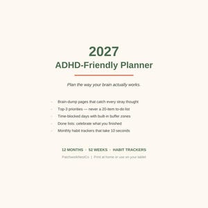 2027 ADHD Planner Printable | Dated Monthly & Weekly Planner, Habit Trackers, Brain Dump | ADHD-Friendly Pdf, US Letter