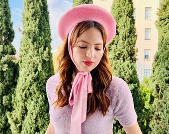 Pink French Beret with Long Ribbon Bow Tie