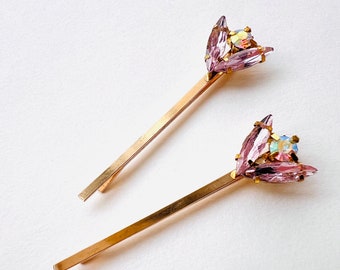 Iridescent Rainbow Pink Flower Jeweled Gold  Bobby Pin Set, Bridal, Vintage Style, Gift