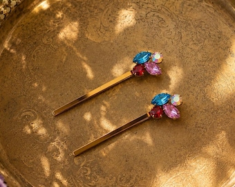 Set of 2 Jeweled Gold Bobby Pins