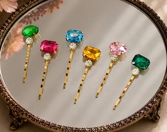Jeweled Bobby Pins Set of 6, Gold Hair Pins, Vintage Hair Accessories, Bridal Hair Jewelry, Wedding Hair Pins, Colorful Hair Clips