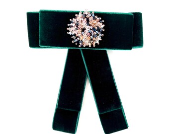 Green Velvet Bow Brooch: Beaded Collar Pin