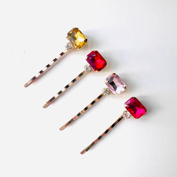 Jewel Tone Gems with Rhinestones and Gold Bobby Hair Pins, Bridal, Gift, Special Occasion