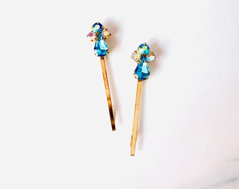 Turquoise Blue Teardrop Iridescent Jeweled Vintage Style Hair Pin Barrettes - Set of 2
