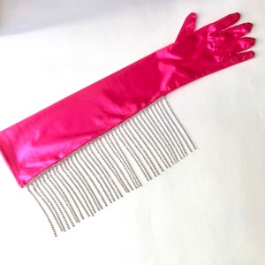 Rhinestone fringe opera gloves, pink, custom color, shiny, satin silk, barbie, cowboy, cowgirl, long, diamond, crystal, sheer, lace, costume, spandex, jewelry, fingerless, leather, latex, party, holiday, gift, womans western, glam