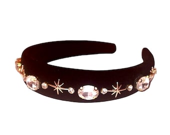 Black Velvet Crystal Jewel and Gold Star Padded Headband