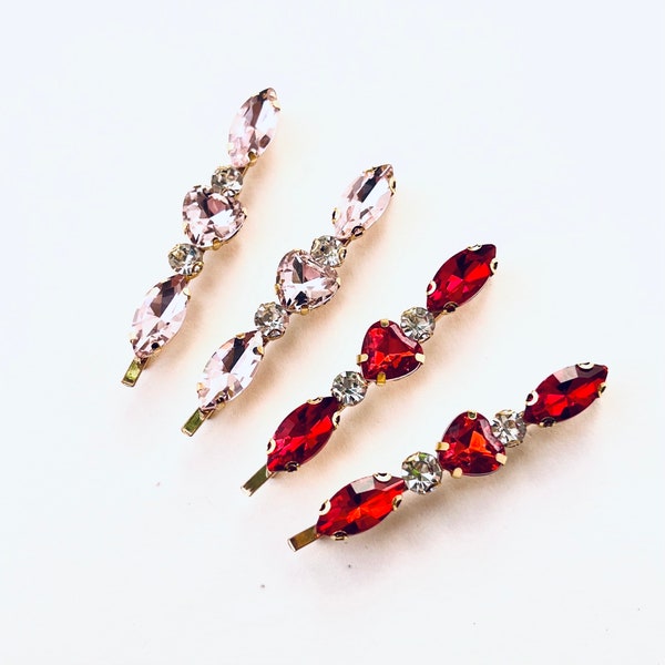 Red Ruby and Pink Heart Crystal Jeweled Gold Bobby Hair Pins, bridal, gift, set of 2