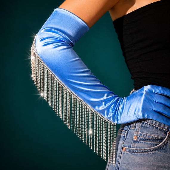 Blue Satin Opera Gloves with Rhinestone Fringe, Long Evening Gloves, Bridal Gloves, Burlesque Gloves, Vintage Glamour, Old Hollywood, Forma