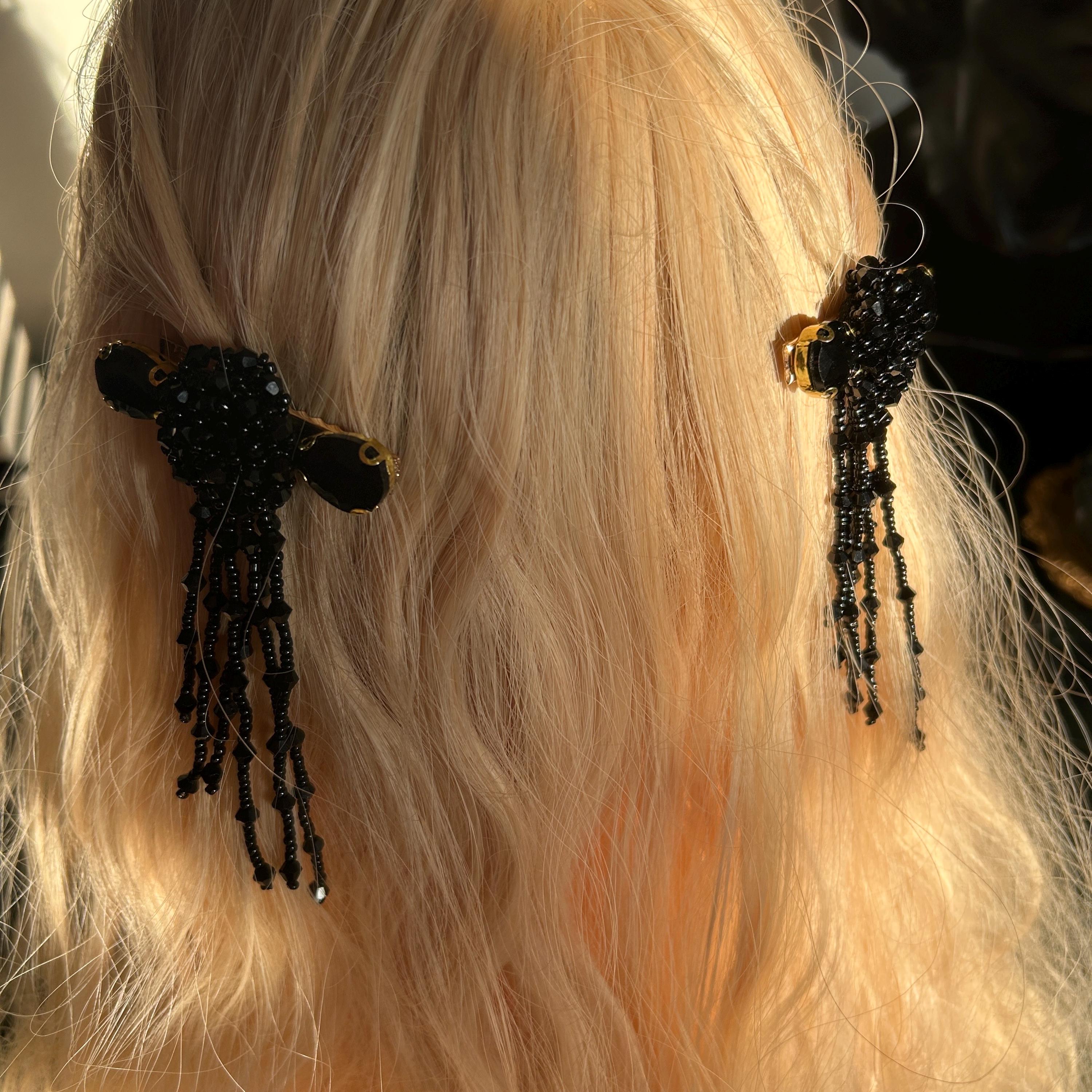 Barrette dangle Criss-cross wrap made with black glass and silver beads Hair Clips With Beaded Dangle Chain | Hair Accessories  main image 3
