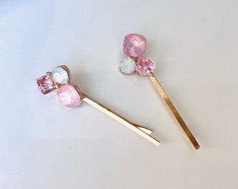 Pastel Pink and Blue Jeweled Hair Bobby Pin Set of 2, vintage style, bridal jewelry, gift