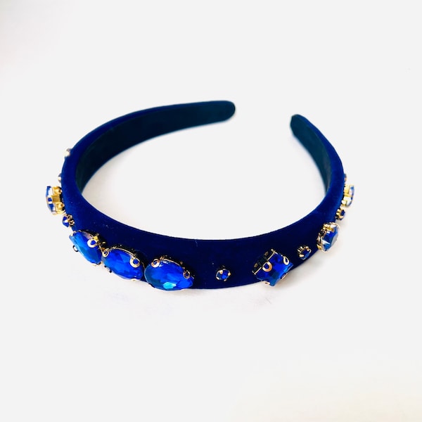 Royal Blue Velvet Headband with Sapphire Blue Crystal Jewels