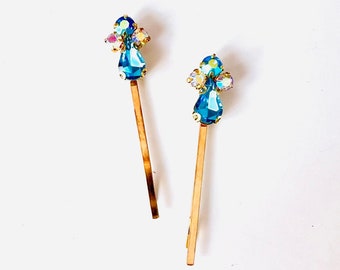 Turquoise Blue Teardrop Iridescent Jeweled Vintage Style Hair Pin Barrettes - Set of 2