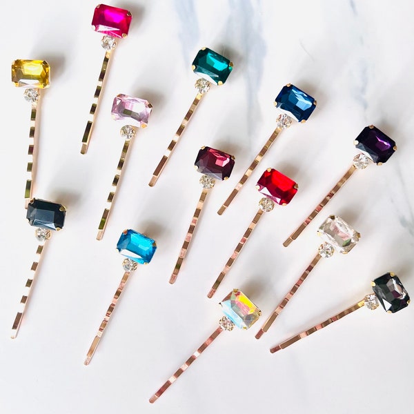 Multicolored Gems with Rhinestone Gold Hair Bobby Pins, Bridal, Jewelry, Gift