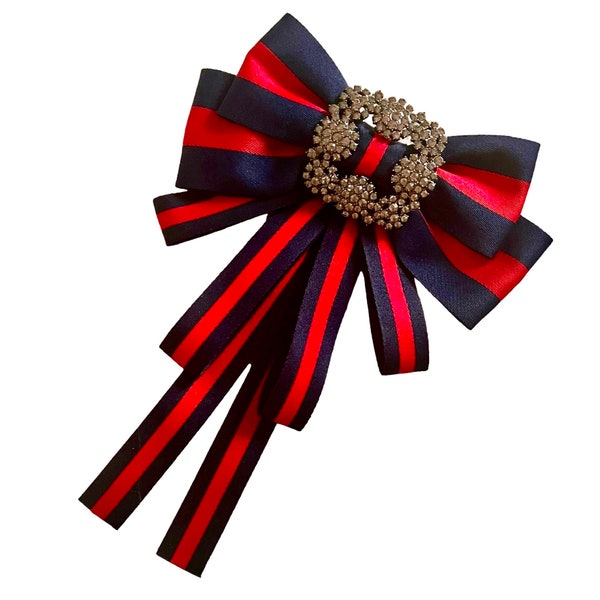 Red and Navy Blue Striped Rhinestone Bow Brooch Pin