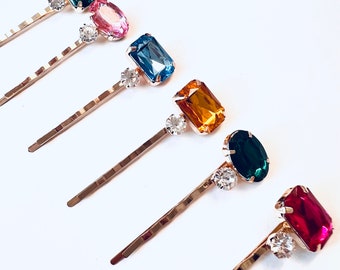 Jewel Tone Gems and Rhinestones with Gold Hair Bobby Pin - Set of 6, Bridal, Special Occasion, Gift