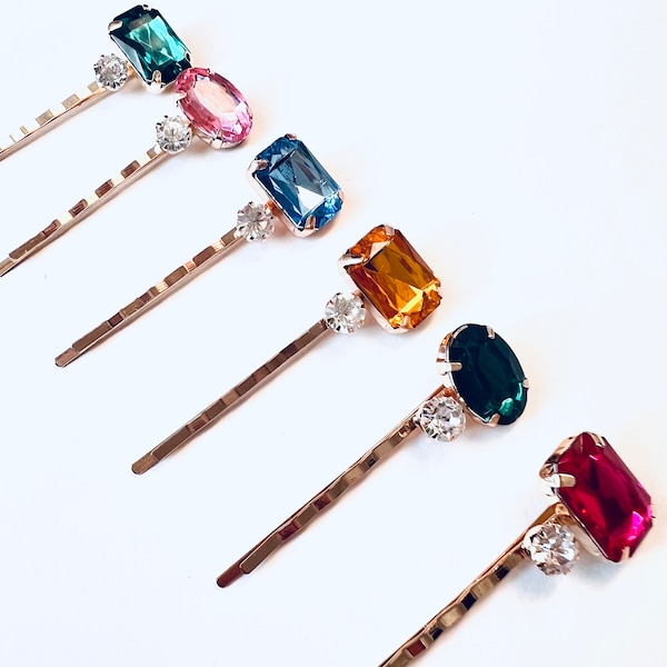 Jewel Tone Gems and Rhinestones with Gold Hair Bobby Pin - Set of 6, Bridal, Special Occasion, Gift