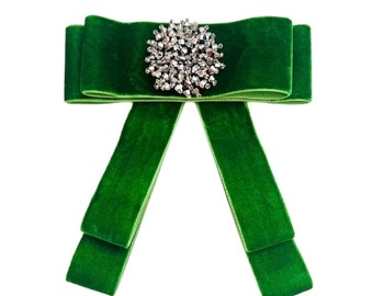 Green Velvet Bow Brooch Pin with 3D Silver Beaded Centerpiece - available in other colors