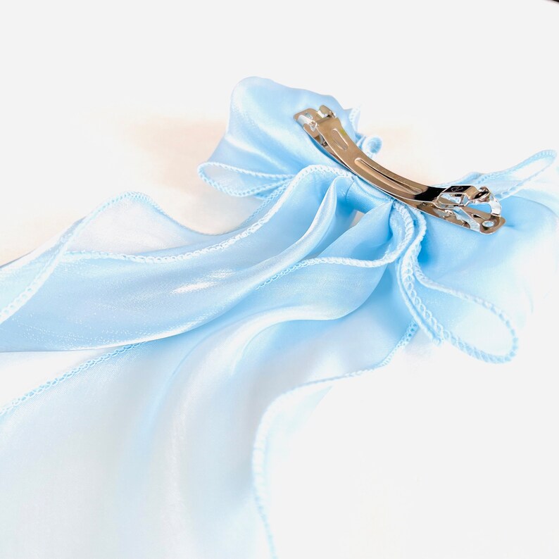 powder blue sheer chiffon silk hair barrette bow, iridescent, party, event, prom, birthday, special occasion, gifts for her, gothic, bohemian, preppy, shiny, sparkle, crown tiara, princess, accessories.