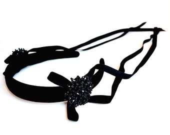 Black Velvet Headband with Long Ribbon Bows and Beaded Pom Poms