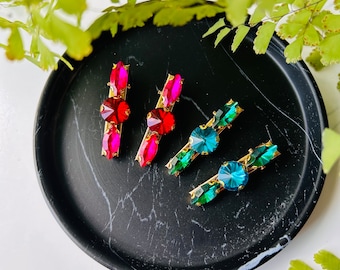 Handmade Jeweled Hair Barrette Clips: Ruby Red, Emerald Green, Crystal