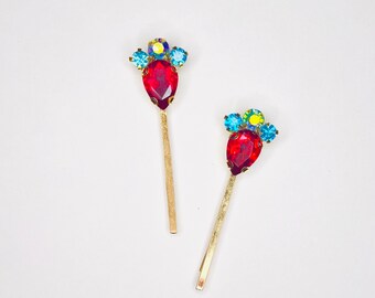 Ruby Red and Blue Iridescent Jeweled Gold Hair Bobby Pins -  Set of 2, Bridal, Vintage Style, Gift