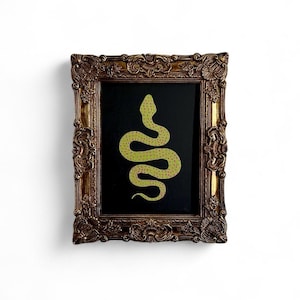 Whimsical Green Snake Painting on Black – Vintage Ornate Gold Frame – Gothic Boho Decor, Mystical Wall Art