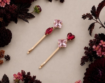 Red Ruby Heart and Pink Crystal Jeweled Hair Pin Barrette Set