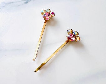 Pastel Pink Rainbow Iridescent Jeweled Gold Hair Bobby Pin Set, Bridal, Vintage Style, Gift