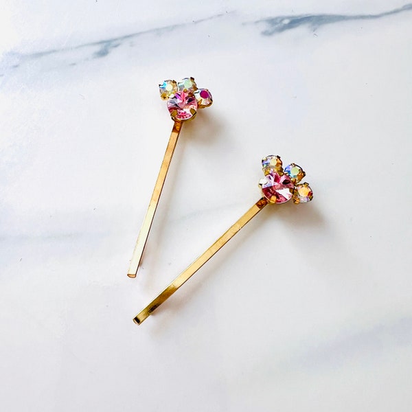Pastel Pink Rainbow Iridescent Jeweled Gold Hair Bobby Pin Set, Bridal, Vintage Style, Gift