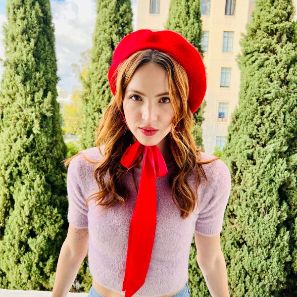 Red French Beret with Long Ribbon Bow Tie, Scarf, Necktie