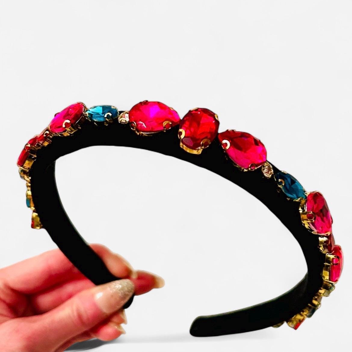 Hand-made Embellished Multicolor Jeweled Velvet Headband Amazon.com : WILLBOND Velvet Padded Crystal Rhinestone  main image 2