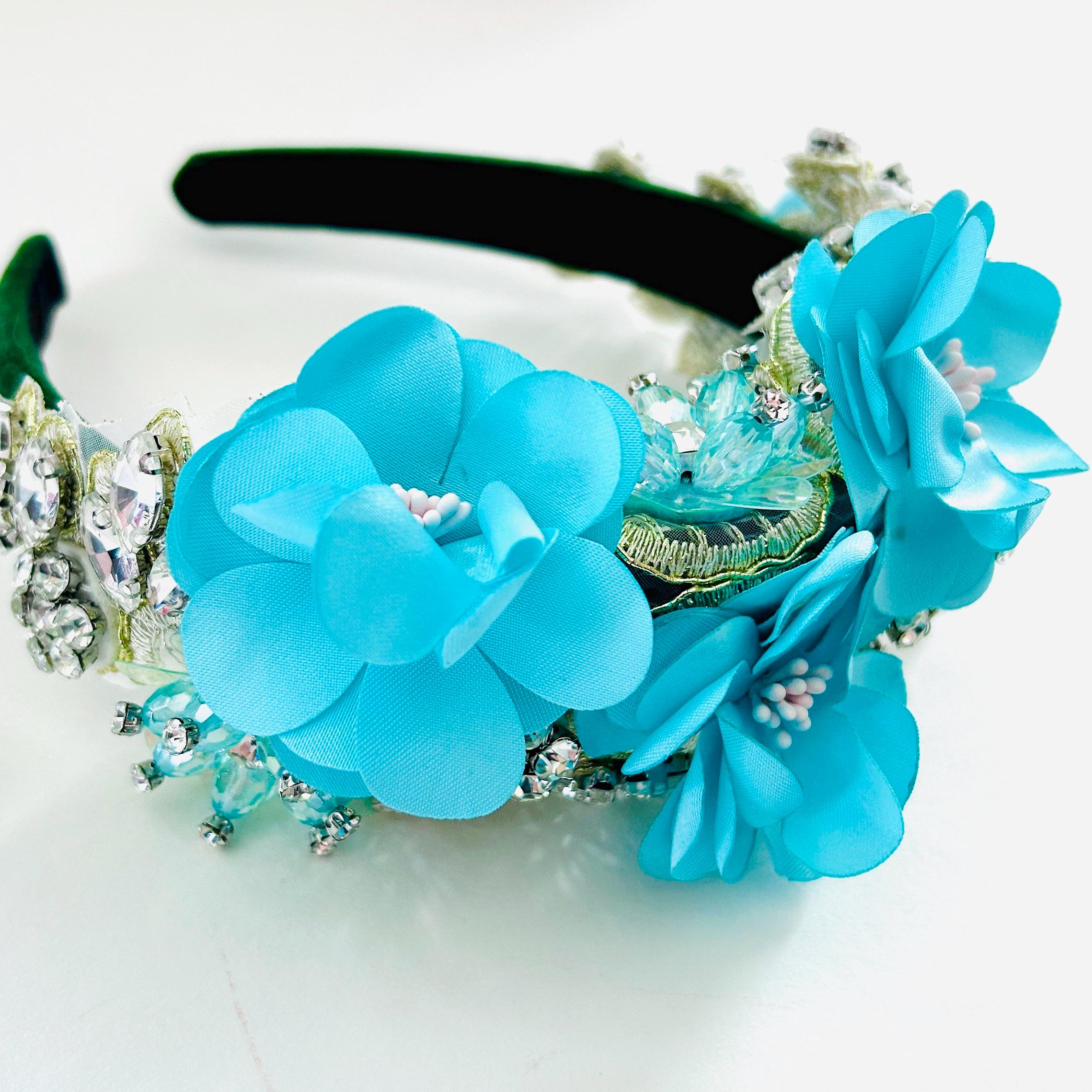 Aqua Blue Floral Jeweled Headband: Velvet Crystal Crown - Etsy display picture 1