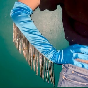 Western Rhinestone Fringe Satin Opera Gloves - Special Occasion, Gift for Her, Long Gloves, Costume