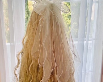 White Sheer Tulle Hair Bow Barrette, Bridal, Veil, Prom, Gift