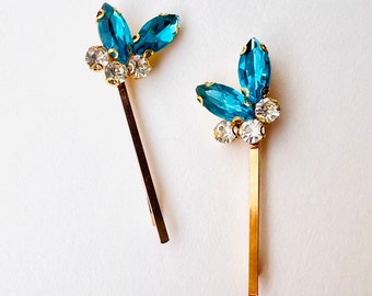 Turquoise Blue Rhinestone Jeweled Hair Bobby Pin Set of 2, Vintage Style, Bridal Jewelry, Gift