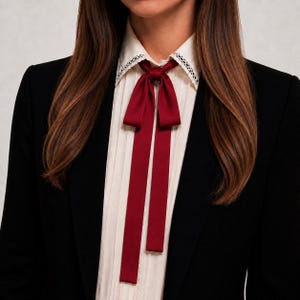 Vinröd smal lång fluga med satinband, dam- eller herrslips, kokett rosett, bandslips, viktoriansk rosett, preppy mode
