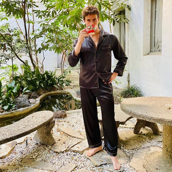 Mens Black Silky Pajamas With Gold Piping Gift Birthday Holiday Etsy